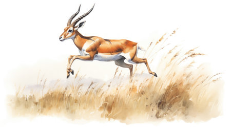 Graceful Watercolor Gazelle Leaping Through Grass on White Background AI Generatedの素材