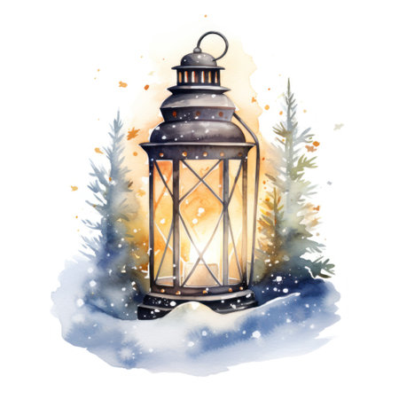 Glowing Watercolor Christmas Lantern Lighting the Way Through the Snowy Night AI Generatedの素材