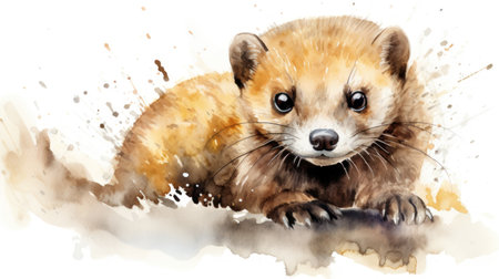 Lush Watercolor Mongoose: Fur, Sleek Eyes, Alert on White Background AI Generatedの素材