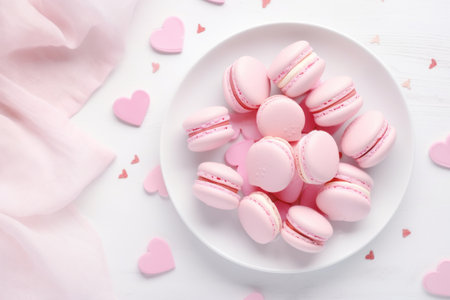 Delicious Pink French Heart-shaped Macarons on a Plate AI Generatedの素材
