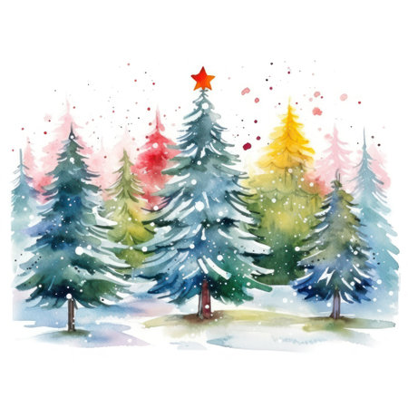 Radiant Watercolor Christmas Tree Farm with Fresh Snow and Colorful Ornaments on White Background AI Generatedの素材