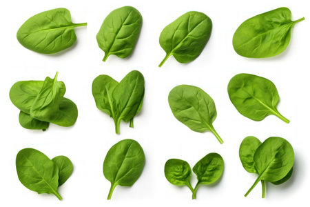 Fresh Green Baby Spinach Leaves on White Background AI Generatedの素材