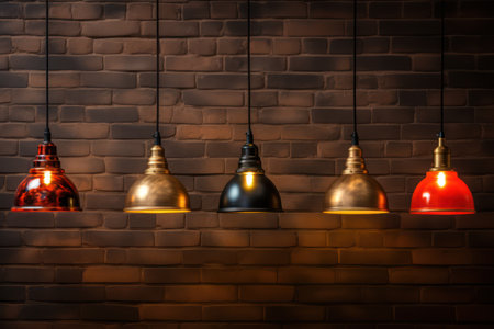 Metal Pendant Lamps Hanging from a Brick Wall in Dark Beige and Crimson Light AI Generatedの素材
