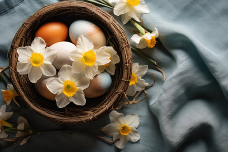 Stylish Easter Eggs and Blooming Daffodils in Rustic Easter Still Life AI Generatedの素材