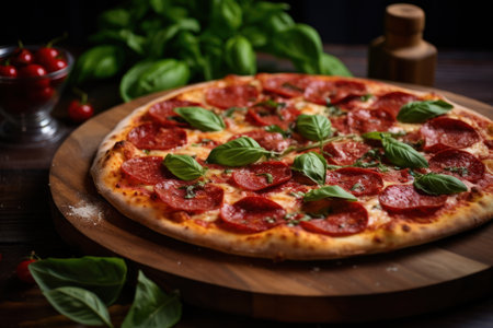 Delicious Rustic Pizza with Pepperoni and Basil on Wooden Table AI Generatedの素材