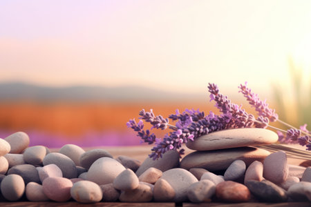 Lavender Field Spa Still Life with Stones and Lavenders on Wooden Desk AI Generatedの素材