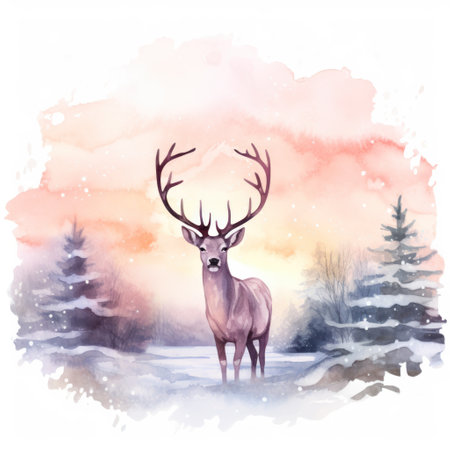 Soft Watercolor Reindeer Silhouette Against Snowy Christmas Evening Sky AI Generatedの素材