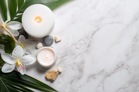 Spa Concept on White Stone Background with Palm Leaves, Flower Candle, and Zen-like Grey Stones - Top View AI Generatedの素材