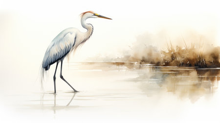 Graceful Watercolor Egret Wading in Shallow Water AI Generatedの素材
