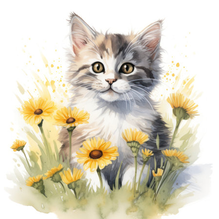 Adorable Kitten Playing Among Daisies in Soft Summer Sun AI Generatedの素材
