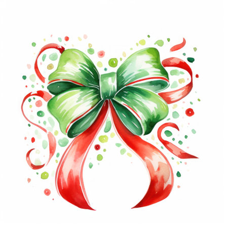Cheery Watercolor Christmas Ribbon Curls Around Festive Gift on White Background AI Generatedの素材