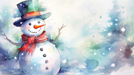 Watercolor illustration of a snowman with a red scarf and hatの素材
