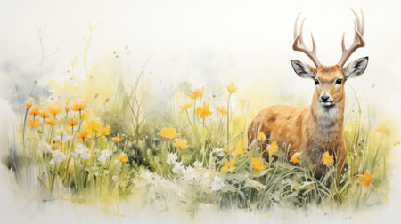 Blissful Watercolor Tick Resting in Tall Grass Amongst Blooming Daffodils AI Generatedの素材