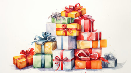 Festive Christmas Gifts Wrapped in Colorful Watercolor Paper and Ribbons AI Generatedの素材