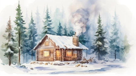 Charming Watercolor Cozy Cabin Surrounded by Snowy Pines AI Generatedの素材