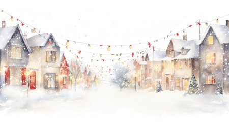 Festive Village Square Illuminated by Colorful Watercolor Christmas Lights AI Generatedの素材