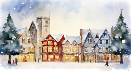 Charming Watercolor Christmas Lights Illuminating a Tranquil Snowy Village Square AI Generatedの素材