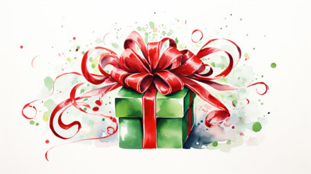 Cheery Watercolor Christmas Ribbon Curls Around Festive Gift on White Background AI Generatedの素材