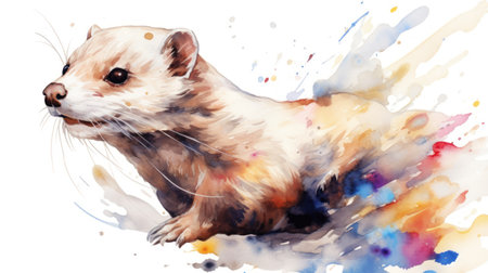 Whimsical Watercolor Ferret: Fur Sleek and Curled in a Playful Pose on White Background AI Generatedの素材
