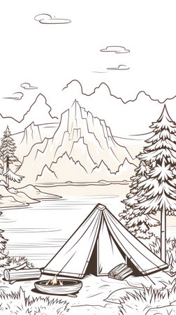 Scenic Campsite with Tent and Campfire AI Generatedの素材