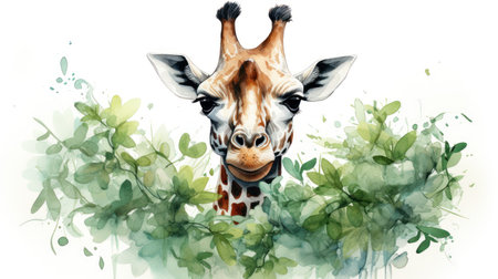 Playful Watercolor Giraffe with Extended Neck and Reaching Tongue AI Generatedの素材