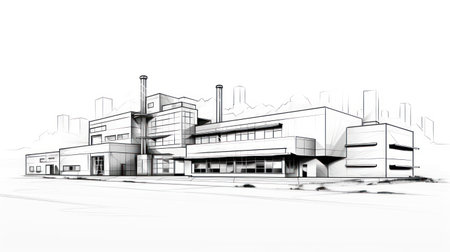 Minimalistic Art Drawing of a High-tech Research Facility AI Generatedの素材