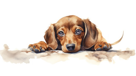 Whimsical Watercolor Dachshund Sniffing the Ground AI Generatedの素材