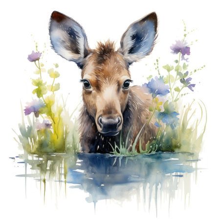 Twinkling-Eyed Watercolor Baby Moose Munching on Pond Flora Amidst Water Irises AI Generatedの素材
