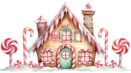 Whimsical Watercolor Gingerbread House with Candy Cane Pillars and Gumdrop Roof AI Generatedの素材