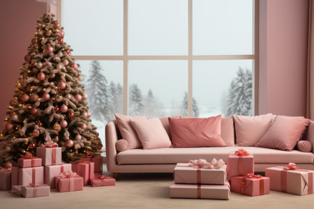 Festive Living Room with Modern Design, Presents, and Christmas Trees AI Generatedの素材