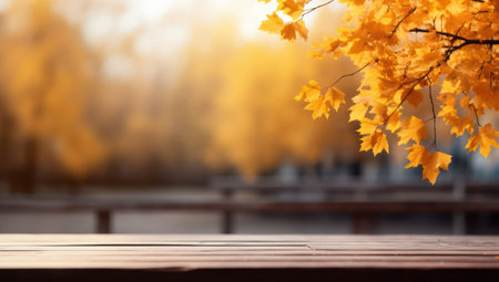 Autumn Tree with Yellow Leaves on Wooden Table Background AI Generatedの素材