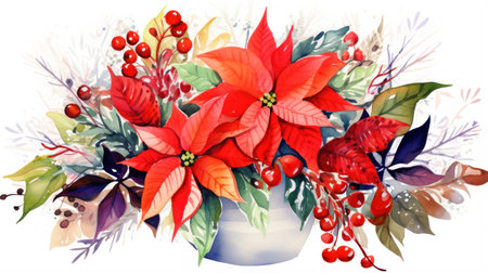 Vibrant Watercolor Holiday Flower Arrangement with Poinsettias, Holly, and Berries on White Background AI Generatedの素材