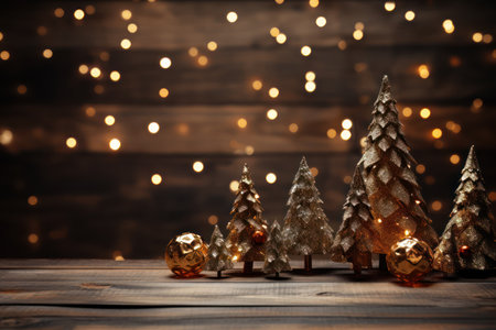 Festive Christmas Decorations and Lighted Tree on Old Wood Table AI Generatedの素材