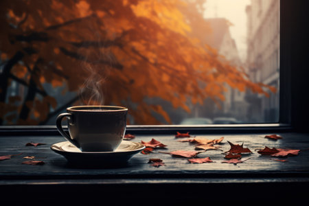 Fall Coffee on Window Sill AI Generatedの素材