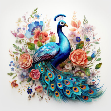 Vibrant Watercolor Peacock Displaying Feathers in Blooming Flora AI Generatedの素材