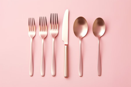 Stylish Cutlery Set on Pink Background: Flat Lay with Space for Text AI Generatedの素材