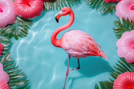 Summer Concept with Pink Flamingo Floats AI Generatedの素材