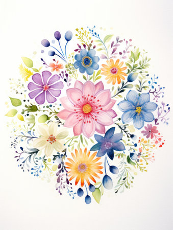 Intricate Watercolor Mandala with Assorted Miniature Floral Elements AI Generatedの素材