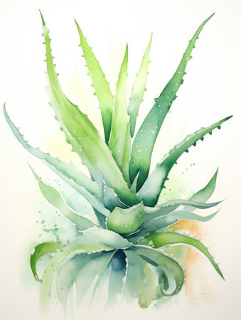 Expressive Watercolor Aloe Vera Plant Leaves AI Generatedの素材