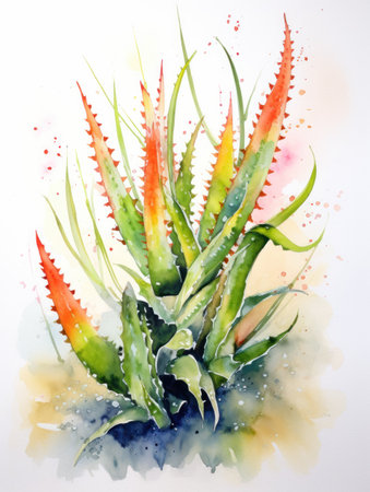 Expressive Watercolor Aloe Vera Plant Leaves AI Generatedの素材