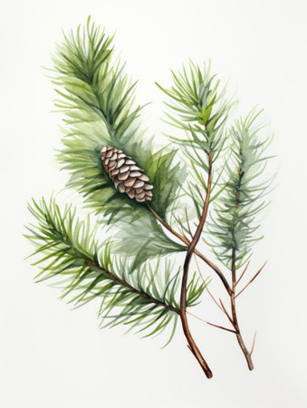 Elegant Watercolor Spruce Branch with Detailed Needles and Intricate Cone AI Generatedの素材