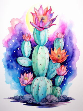 Vibrant Watercolor Moon Cactus Against White Background AI Generatedの素材
