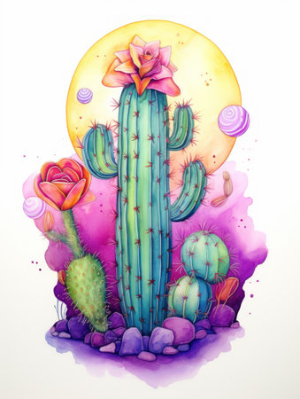 Vibrant Watercolor Moon Cactus Against White Background AI Generatedの素材