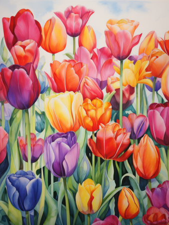 Vibrant Watercolor Tulip Field: A Beautiful Array of Blending Colors AI Generatedの素材