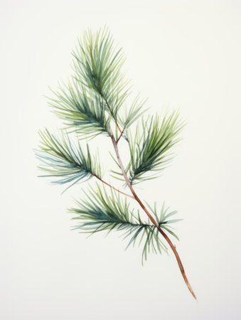 Minimalist Watercolor Pine Branch with Detailed Needles AI Generatedの素材