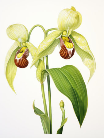 Watercolor Painting of Cypripedium Calceolus on White Canvas AI Generatedの素材