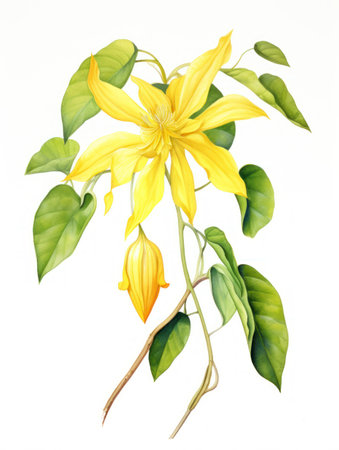 Watercolor Rendering of YlangYlang Flower on White Background AI Generatedの素材