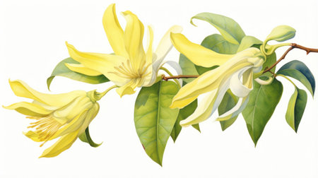 Watercolor Rendering of YlangYlang Flower on White Background AI Generatedの素材