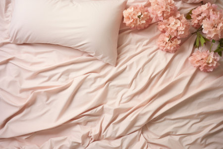 Top View of Bedding Sheets with Vacant Space - Flat Lay Arrangement AI Generatedの素材
