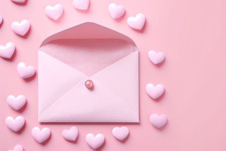 Valentine's Day Flat Lay Composition of Pink Heart Shaped Baubles on Pastel Pink Background and Envelope with Love Letter AI Generatedの素材
